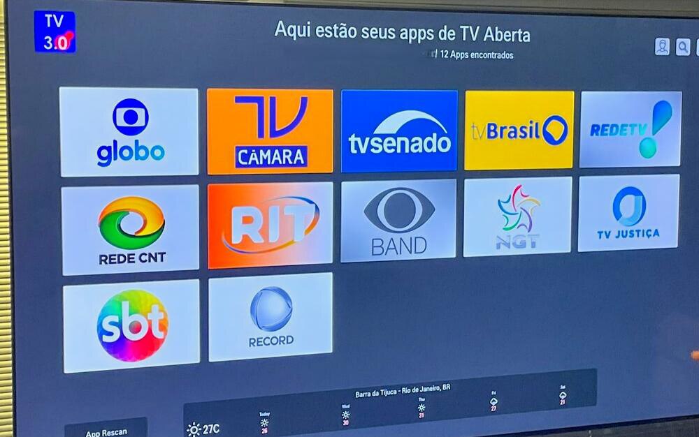 Tela da TV com os apps dos canais de TV aberta na TV 3.0