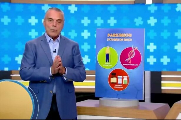 Dr. Antônio Sproesser ao lado de uma placa de Doença de Parkinson no palco do Hoje em Dia