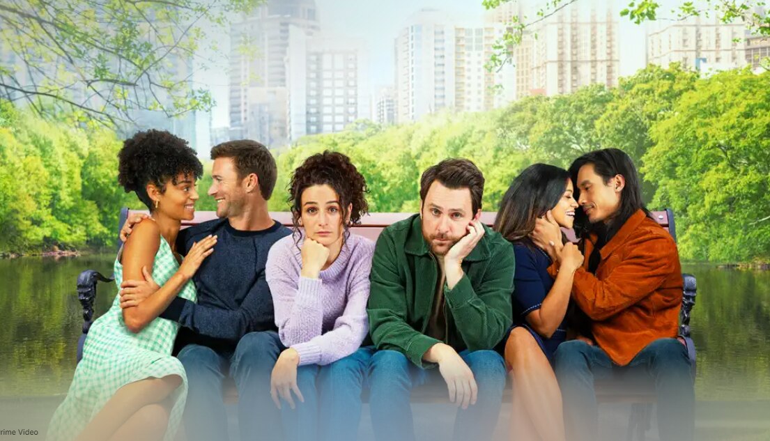 Casais beijando e se olhando em um banco de praça. O casal do meio está com semblante triste em divulgação do filme Volta Pra Mim
