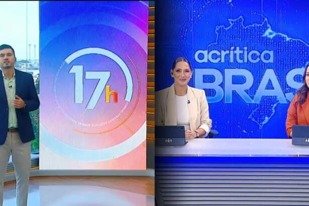 À esquerda, Dante Graça apresenta o "Jornal das 17h" em frente a um painel colorido com o horário destacado, em estúdio moderno com vista para a cidade. À direita, Carol Queiroz e Adrianne Diniz comandam o "A Crítica Brasil" em bancada com mapa do Brasil ao fundo