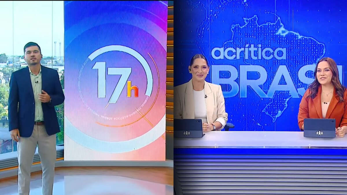 À esquerda, Dante Graça apresenta o "Jornal das 17h" em frente a um painel colorido com o horário destacado, em estúdio moderno com vista para a cidade. À direita, Carol Queiroz e Adrianne Diniz comandam o "A Crítica Brasil" em bancada com mapa do Brasil ao fundo