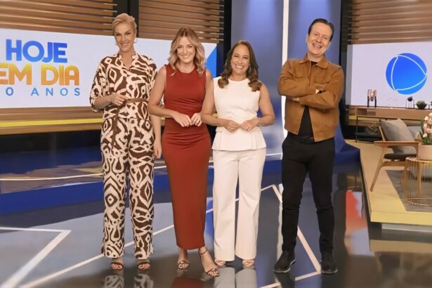 Apresentadores Celso Zucatelli, Ana Hickmann, Renata Alves e Ticiane Pinheiro em estúdio decorado para a celebração dos 20 anos do *Hoje em Dia* (Record), com telão exibindo a marca comemorativa, sofá azul, mesa com flores e painel de madeira ao fundo