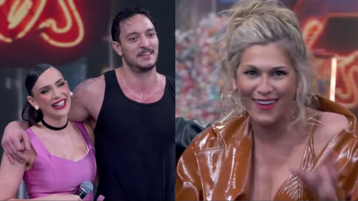 Montagem de fotos do ator Allan Souza Lima com uma bailarina, e da apresentadora Lívia Andrade. As duas fotos são de um estúdio do programa Domingão.