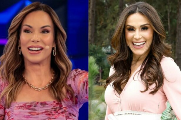 Ana Furtado e Nadja Haddad sorridente em uma montagem no SBT