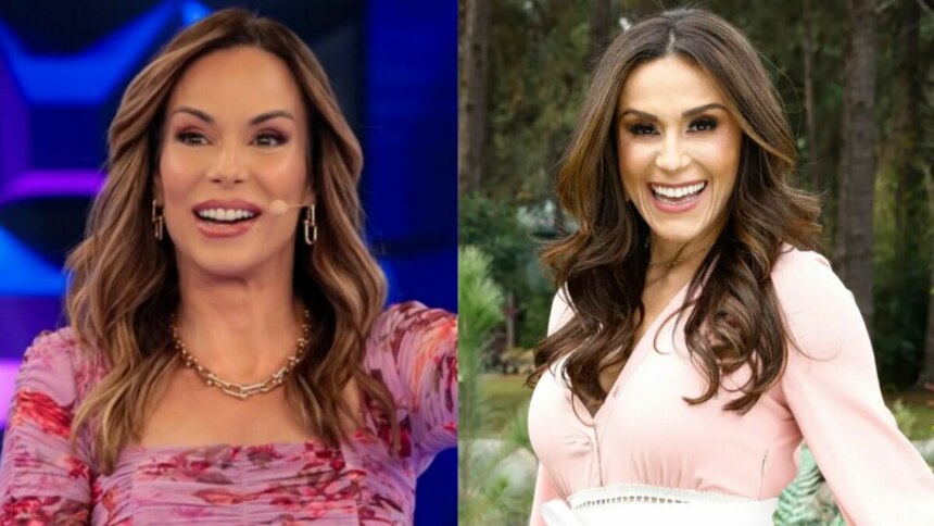 Ana Furtado e Nadja Haddad sorridente em uma montagem no SBT