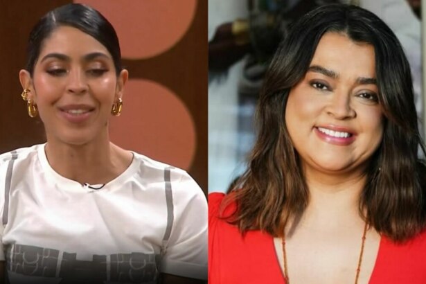 Montagem em tela dividida, com duas imagens das irmãs Bela Gil e Preta Gil. À esquerda, Bela Gil, com o cabelo preso em um coque, usa uma camiseta branca. À direita, Preta Gil, com os cabelos soltos e sorrindo, usa uma blusa vermelha de mangas bufantes.