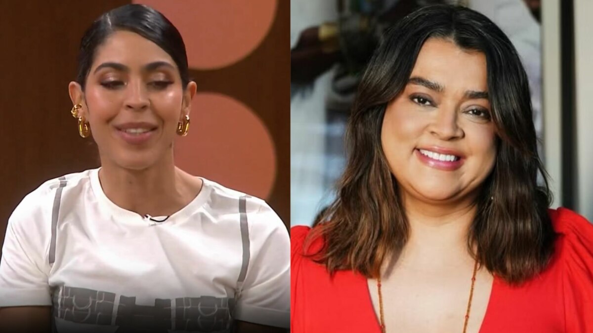 Montagem em tela dividida, com duas imagens das irmãs Bela Gil e Preta Gil. À esquerda, Bela Gil, com o cabelo preso em um coque, usa uma camiseta branca. À direita, Preta Gil, com os cabelos soltos e sorrindo, usa uma blusa vermelha de mangas bufantes.