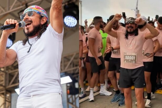 Montagem em tela dividida, mostrando o cantor Bell Marques. Na esquerda, ele está em um show, cantando em um microfone. Na direita, ele está participando de uma corrida, usando um número de peito com o número 50001. Ambas as imagens o mostram com cabelo comprido, barba e óculos escuros.