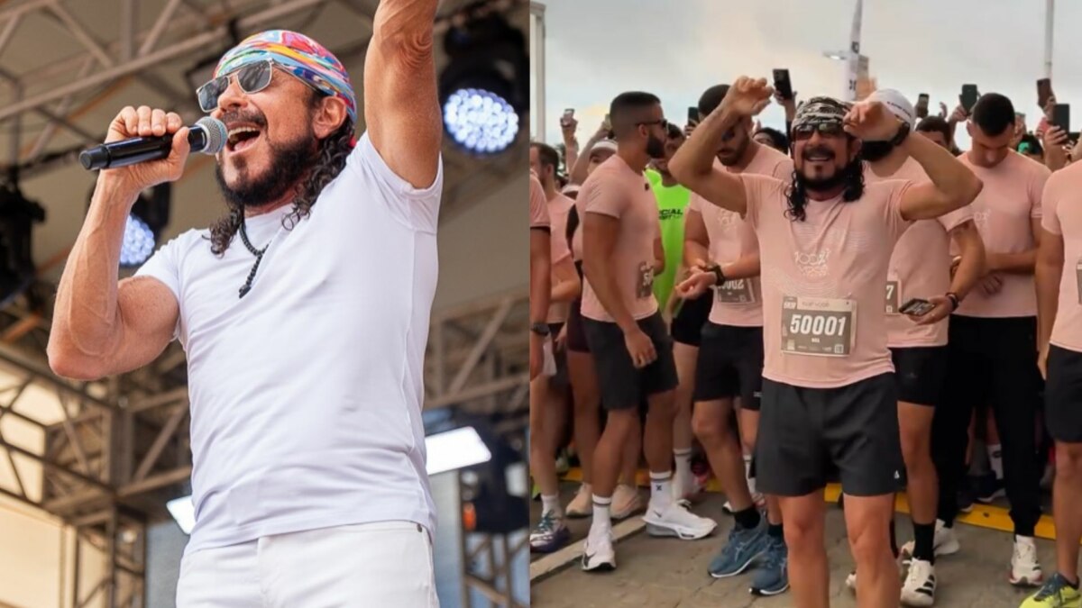 Montagem em tela dividida, mostrando o cantor Bell Marques. Na esquerda, ele está em um show, cantando em um microfone. Na direita, ele está participando de uma corrida, usando um número de peito com o número 50001. Ambas as imagens o mostram com cabelo comprido, barba e óculos escuros.