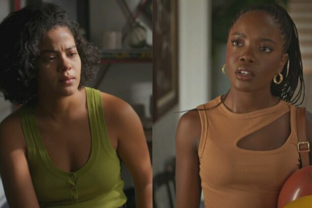 A imagem é uma montagem de duas fotos. Na foto da esquerda, a atriz Bella Campos aparece com uma expressão séria e concentrada. Ela veste uma blusa regata verde musgo. Na foto da direita, a atriz Clara Moneke está olhando para o lado, com a boca semiaberta, usando uma regata laranja e brincos grandes. Ambas estão em um ambiente interno. A foto de Bella Campos é da novela "Vale Tudo", enquanto a de Clara Moneke é da novela "Dona de Mim".