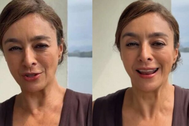 A apresentadora Cátia Fonseca em uma montagem de seu Instagram Stories, com cabelo preso e sorriso, negando lesão para o público na Dança dos Famosos
