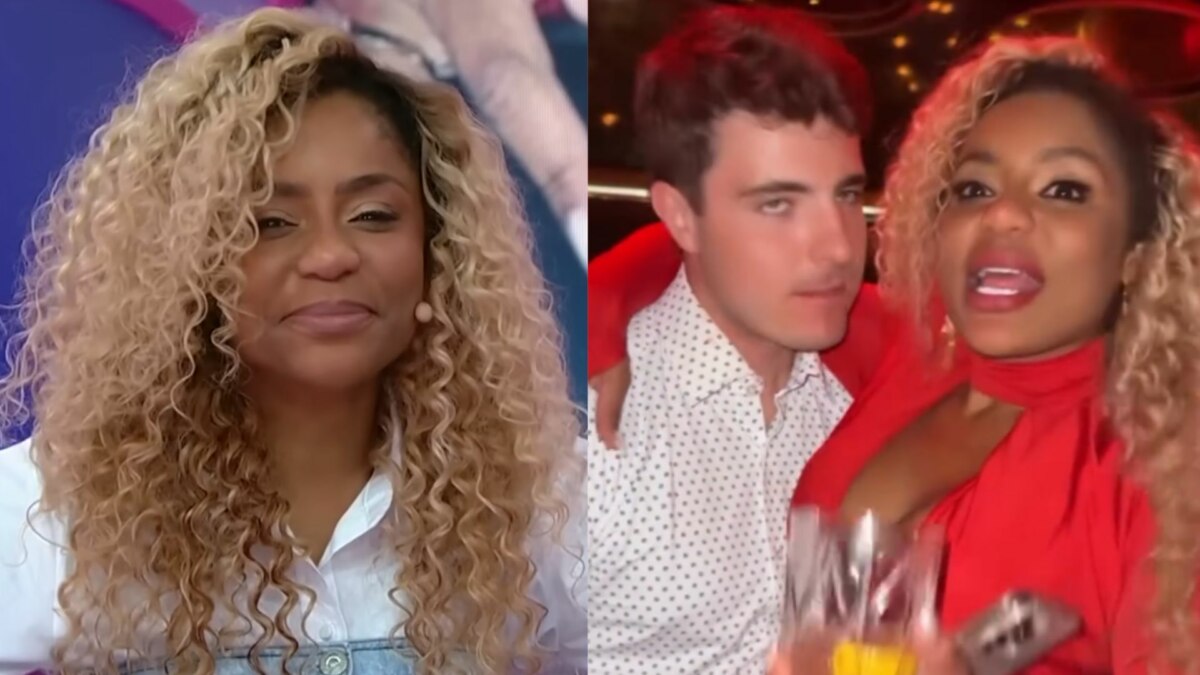 A imagem é uma montagem de duas fotos. Na foto da esquerda, Cariúcha sorri levemente e olha para a câmera. Ela tem cabelo loiro e cacheado, e veste uma blusa social branca. Na foto da direita, a mesma imagem da montagem anterior, em que Cariúcha está ao lado de João Augusto Liberato, com os dois se beijando. Cariúcha está olhando para a câmera com uma expressão diferente da foto da esquerda, enquanto ele tem os olhos fechados.