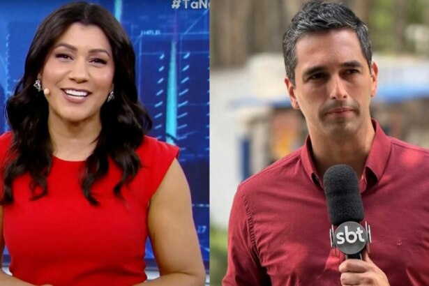 Uma montagem dividida ao meio com os novos apresentadores do Aqui Agora. No lado esquerdo, Daniele Brandi, uma mulher negra com cabelos escuros na altura dos ombros, usando um vestido vermelho, sorri e gesticula levemente em um estúdio de televisão com um fundo azul digital. No lado direito, Marco Pagetti, um homem de pele clara com cabelo grisalho curto, usa uma camisa social vinho e segura um microfone do SBT, com um fundo desfocado ao ar livre.