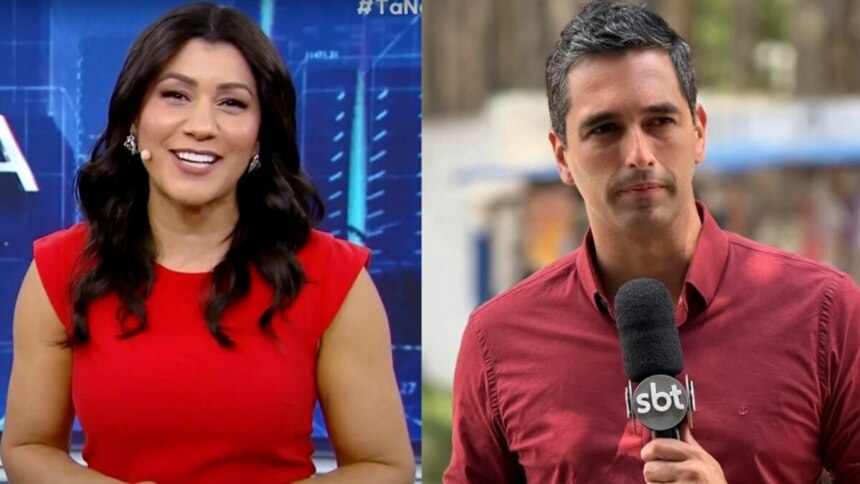 Uma montagem dividida ao meio com os novos apresentadores do Aqui Agora. No lado esquerdo, Daniele Brandi, uma mulher negra com cabelos escuros na altura dos ombros, usando um vestido vermelho, sorri e gesticula levemente em um estúdio de televisão com um fundo azul digital. No lado direito, Marco Pagetti, um homem de pele clara com cabelo grisalho curto, usa uma camisa social vinho e segura um microfone do SBT, com um fundo desfocado ao ar livre.