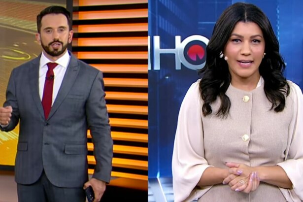 Uma montagem de duas imagens, lado a lado. Na esquerda, Dionisio Freitas no Cidade Alerta, um homem de pele clara com barba, vestindo um terno cinza e gravata vermelha, está em um estúdio de notícias com um fundo laranja. Ele gesticula com a mão direita. Na direita, Daniele Brandi no Tá na Hora, uma mulher negra com cabelos escuros, vestindo uma blusa clara e um colete bege, está em um estúdio de notícias com um fundo azul escuro. Ela tem um sorriso suave e as mãos unidas.