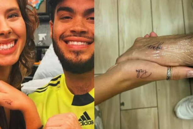 Francisco e Flor Gil mostrando uma tatuagem com o nome de Preta Gil no braço