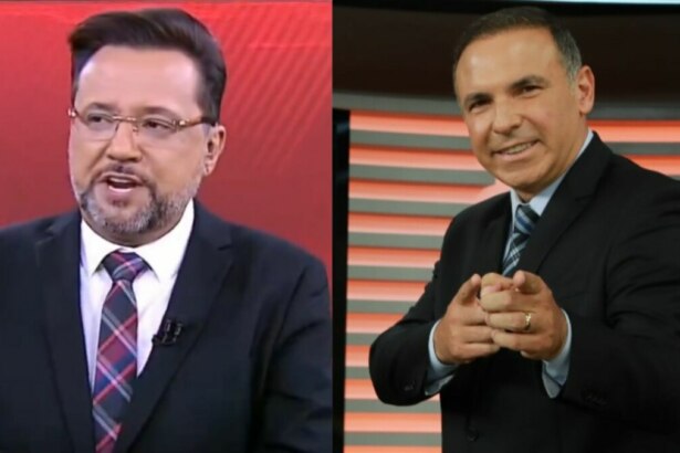 Montagem mostrando dois apresentadores de televisão. À esquerda, Geraldo Luís, de terno e gravata, fala em um estúdio com fundo vermelho no Aqui Agora. À direita, Gottino, de terno, sorri e aponta para a câmera em um estúdio com fundo escuro e detalhes alaranjados no Cidade Alerta.
