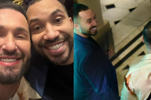 A imagem é uma montagem de duas fotos. Na foto da esquerda, Gil do Vigor e Diego Hypólito estão sorrindo para uma selfie. Gil está com uma camisa clara, enquanto Diego está com uma camiseta preta e um blazer azul. Na foto da direita, os dois estão em um ambiente escuro, e Diego olha para trás com um sorriso.