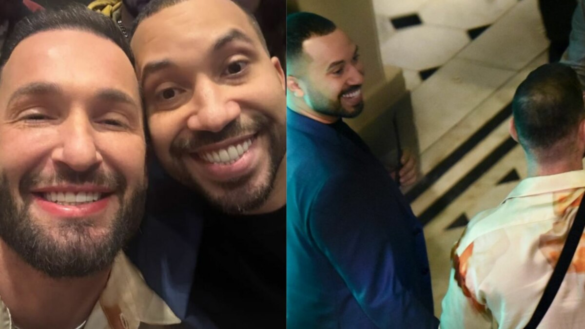 A imagem é uma montagem de duas fotos. Na foto da esquerda, Gil do Vigor e Diego Hypólito estão sorrindo para uma selfie. Gil está com uma camisa clara, enquanto Diego está com uma camiseta preta e um blazer azul. Na foto da direita, os dois estão em um ambiente escuro, e Diego olha para trás com um sorriso.