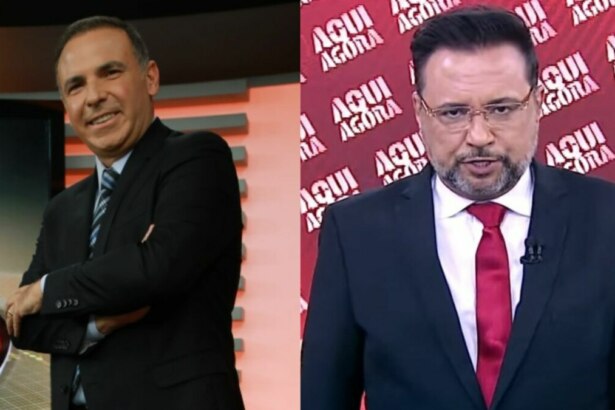A imagem é uma montagem de duas fotos. À esquerda, o apresentador Reinaldo Gottino sorri e está de braços cruzados, usando um terno preto com gravata azul no cenário do Cidade Alerta. Ao seu lado, à direita, Geraldo Luís aparece com uma expressão séria, usando um terno escuro com gravata vermelha, em frente a um painel com a repetição da frase "AQUI AGORA".