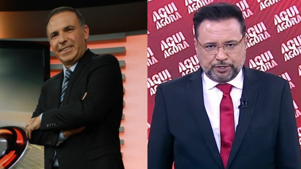 A imagem é uma montagem de duas fotos. À esquerda, o apresentador Reinaldo Gottino sorri e está de braços cruzados, usando um terno preto com gravata azul no cenário do Cidade Alerta. Ao seu lado, à direita, Geraldo Luís aparece com uma expressão séria, usando um terno escuro com gravata vermelha, em frente a um painel com a repetição da frase "AQUI AGORA".