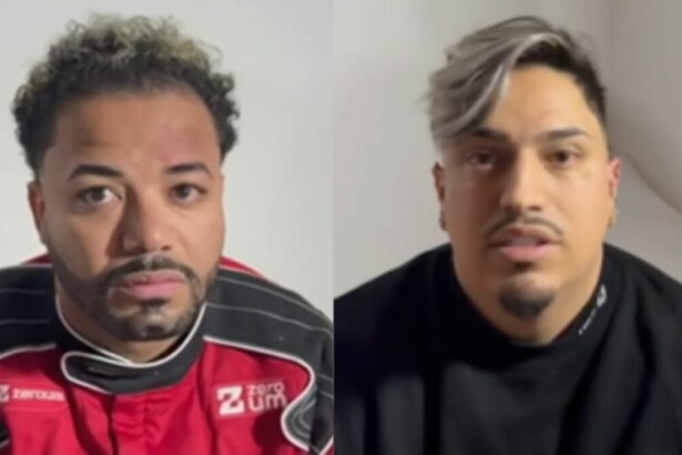 Montagem em tela dividida, com duas imagens de homens em um fundo branco. À esquerda, Hytalo Santos, de cabelo escuro e barba, usa uma jaqueta de corrida preta e vermelha. À direita, Israel Nata Vicente, de cabelo escuro com mecha loira, usa uma blusa preta. Ambos olham para a câmera com expressões sérias.