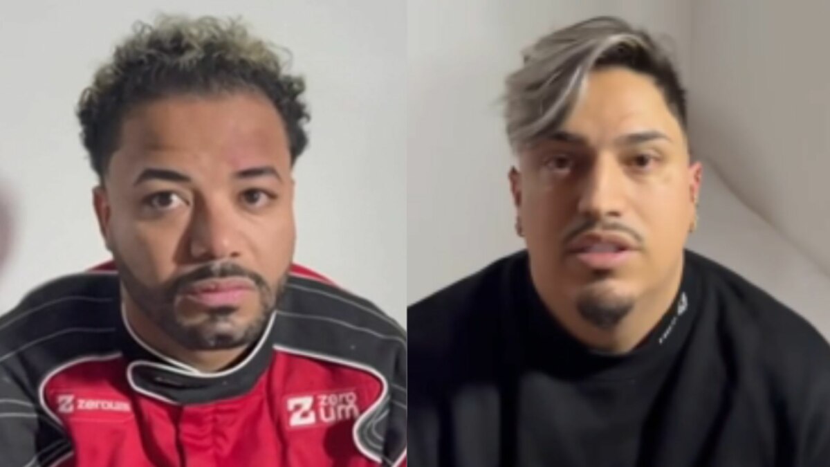 Montagem em tela dividida, com duas imagens de homens em um fundo branco. À esquerda, Hytalo Santos, de cabelo escuro e barba, usa uma jaqueta de corrida preta e vermelha. À direita, Israel Nata Vicente, de cabelo escuro com mecha loira, usa uma blusa preta. Ambos olham para a câmera com expressões sérias.