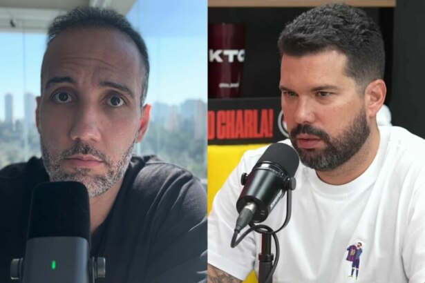 Montagem em tela dividida, mostrando os apresentadores Jorge Iggor e Bruno Formiga. À esquerda, Jorge Iggor, com a cabeça raspada, barba, e camiseta preta, fala em um microfone com o fundo de uma janela. À direita, Bruno Formiga, de barba e camiseta branca, também fala em um microfone em um estúdio com um banner vermelho atrás.