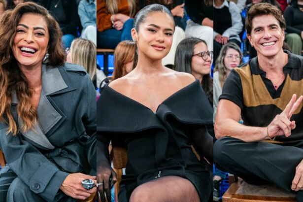 Montagem de fotos com Juliana Paes, que ri, Maisa Silva, com um vestido preto, e Reynaldo Gianecchini, que faz o sinal de paz com a mão no cenário do Altas Horas