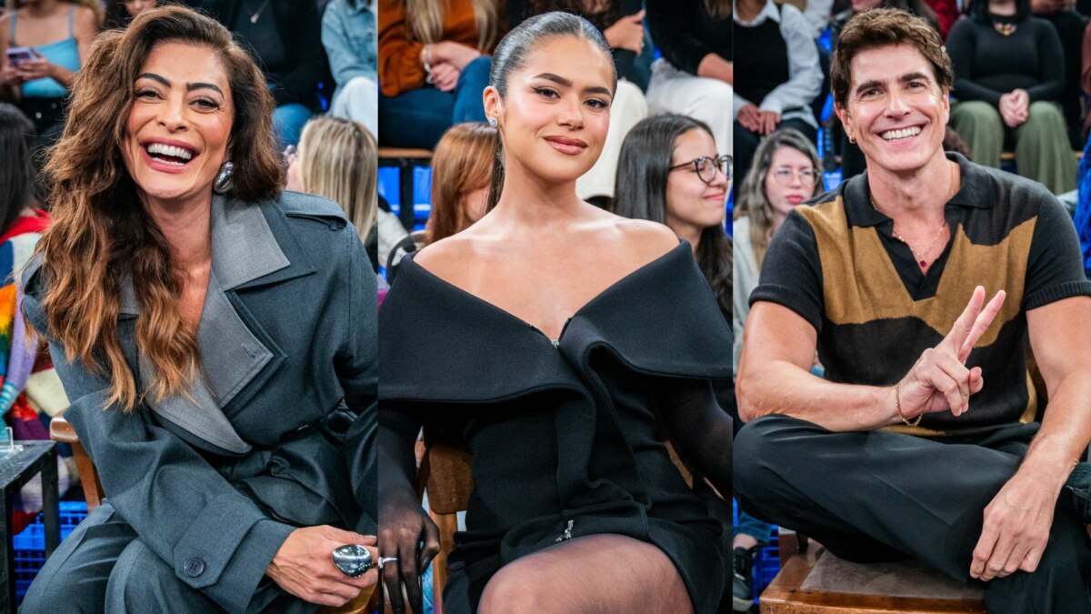 Montagem de fotos com Juliana Paes, que ri, Maisa Silva, com um vestido preto, e Reynaldo Gianecchini, que faz o sinal de paz com a mão no cenário do Altas Horas