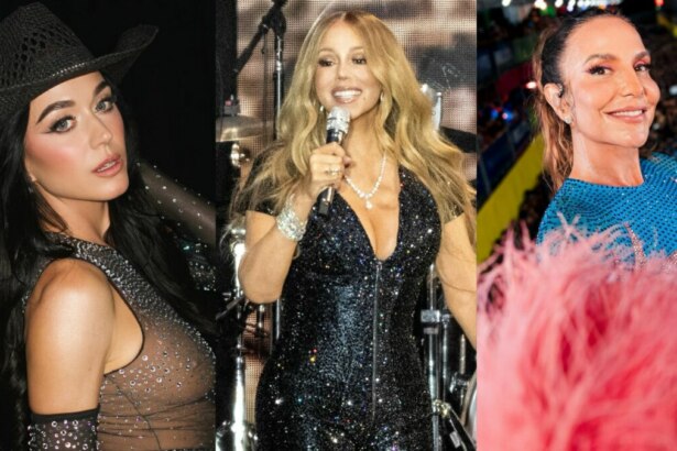 A imagem é uma montagem de três fotos de cantoras. Da esquerda para a direita: Katy Perry, com um chapéu de caubói preto e uma roupa transparente e brilhante; Mariah Carey, usando um vestido preto e brilhante, segurando um microfone; e Ivete Sangalo, com uma blusa azul brilhante com detalhes em rosa, em meio a uma multidão. Todas estão sorrindo e olhando para a câmera.