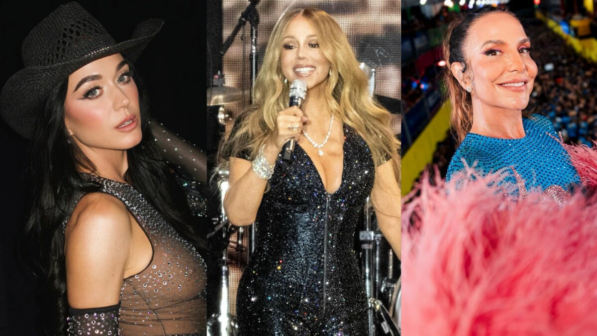 A imagem é uma montagem de três fotos de cantoras. Da esquerda para a direita: Katy Perry, com um chapéu de caubói preto e uma roupa transparente e brilhante; Mariah Carey, usando um vestido preto e brilhante, segurando um microfone; e Ivete Sangalo, com uma blusa azul brilhante com detalhes em rosa, em meio a uma multidão. Todas estão sorrindo e olhando para a câmera.