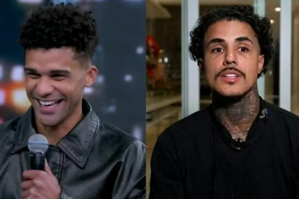 Montagem em tela dividida, mostrando os artistas Lucas Leto e MC Livinho. À esquerda, Lucas Leto, sorrindo e segurando um microfone, veste uma jaqueta de couro preta. À direita, MC Livinho, com tatuagens no pescoço e um olhar sério, veste uma blusa preta, no palco da Dança dos Famosos.