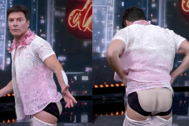 Luciano Huck abaixando a calça e mostrando a cueca de enchimento no Domingão