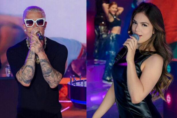 Montagem em tela dividida, com o cantor MC Daniel, de óculos escuros e roupa preta, à esquerda, e a cantora Melody, com vestido preto de couro e cabelo solto, à direita. Ambos seguram microfones e cantam em um palco iluminado no Programa Silvio Santos