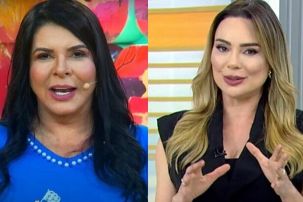Montagem com duas fotos lado a lado. Na imagem da esquerda, a apresentadora Mara Maravilha, com cabelo preto liso, está sorrindo levemente e usando uma blusa azul com detalhes brancos. Na imagem da direita, a jornalista Rachel Sheherazade, com cabelo loiro ondulado, está gesticulando com as mãos e usando uma blusa preta sem mangas. O fundo de cada imagem é diferente.
