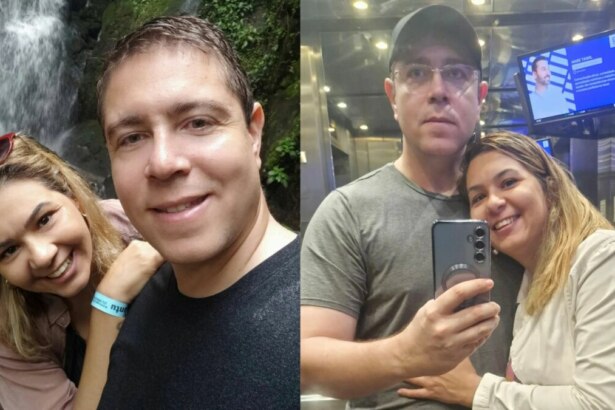 Marcus Marinha em duas fotos abraçados ao lado da noiva