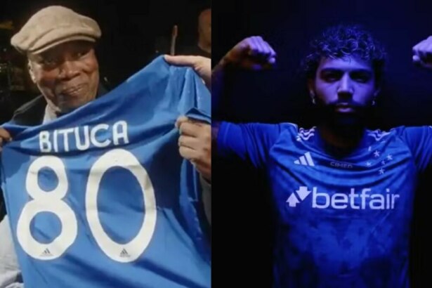 Montagem de duas imagens: à esquerda, o cantor Milton Nascimento, sorrindo e usando um chapéu, segura uma camisa de futebol azul com o nome "BITUCA" e o número "80" nas costas. À direita, o jogador Gabigol, com cabelos cacheados e barba, veste uma camisa de futebol azul do cruzeiro, e flexiona os braços mostrando os músculos, sob uma iluminação azul.