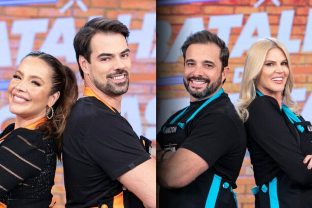 Montagem de duas fotos lado a lado. Na foto da esquerda, a atriz Renata Dominguez e o empresário Leandro Gléria, ambos sorrindo, posam de costas um para o outro, usando aventais pretos. Na foto da direita, Val Marchiori e Amilton Augusto, também sorrindo, posam da mesma forma, usando aventais pretos com detalhes em azul. Ao fundo, o cenário do programa "Batalha das Receitas" é visível