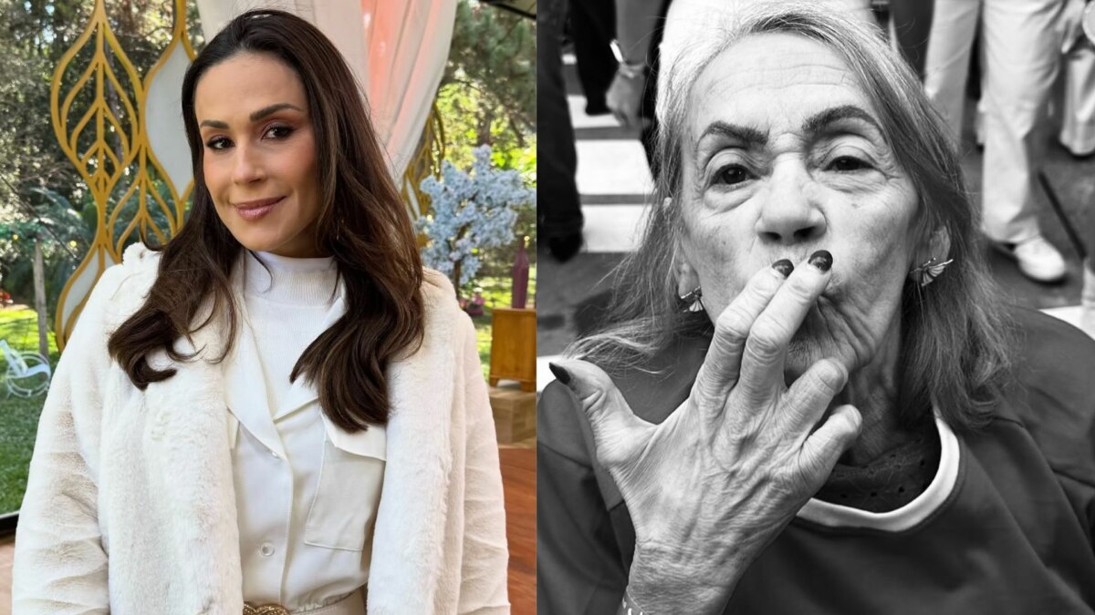 Nadja Haddad em montagem com uma foto de sua mãe em preto e branco