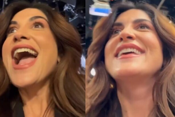Montagem em tela dividida, com duas imagens da apresentadora Pâmela Lucciola. Ela tem o cabelo comprido e castanho, usa uma jaqueta escura e está olhando para cima com a boca aberta, em uma expressão de surpresa ou riso.