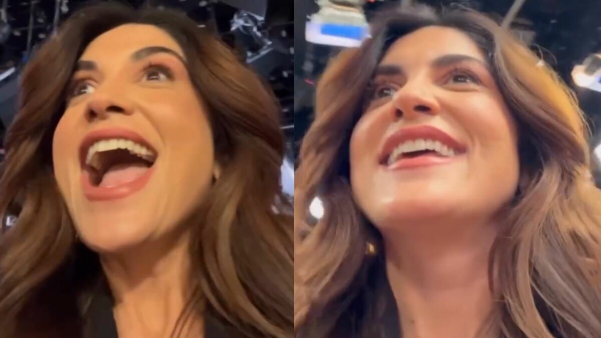 Montagem em tela dividida, com duas imagens da apresentadora Pâmela Lucciola. Ela tem o cabelo comprido e castanho, usa uma jaqueta escura e está olhando para cima com a boca aberta, em uma expressão de surpresa ou riso.