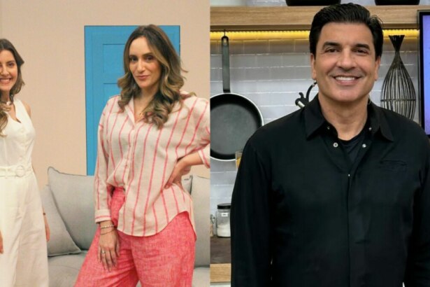 Montagem em tela dividida, mostrando três apresentadores. À esquerda, as apresentadoras Paola Pretto e Taisa Pelosi, em pé em um estúdio com uma porta azul. A da esquerda usa um conjunto branco e a da direita, blusa listrada rosa e branca e calça rosa. À direita, o apresentador Edu Guedes, de camisa preta, sorri em um cenário de cozinha.