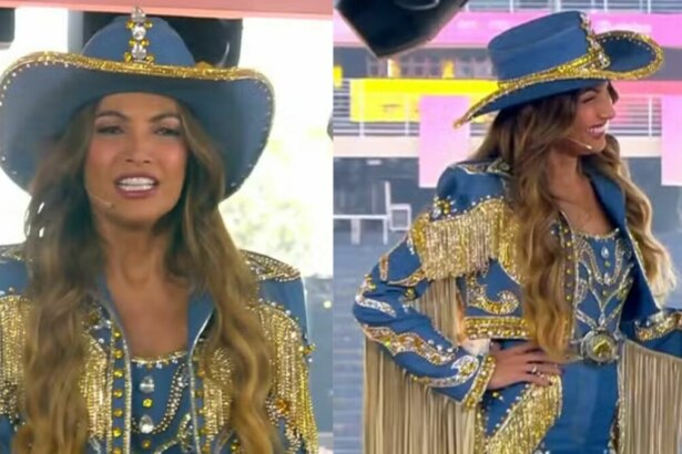 A imagem é uma montagem de duas fotos da apresentadora Patrícia Poeta durante a Festa do Peão de Barretos, para o programa "Encontro". Ela veste uma roupa de cowgirl azul escura, com franjas e detalhes dourados. O chapéu azul também tem detalhes dourados. Na foto da esquerda, ela olha diretamente para a câmera, com uma expressão animada, e na foto da direita, ela está de lado, sorrindo.