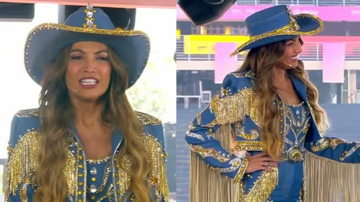 A imagem é uma montagem de duas fotos da apresentadora Patrícia Poeta durante a Festa do Peão de Barretos, para o programa "Encontro". Ela veste uma roupa de cowgirl azul escura, com franjas e detalhes dourados. O chapéu azul também tem detalhes dourados. Na foto da esquerda, ela olha diretamente para a câmera, com uma expressão animada, e na foto da direita, ela está de lado, sorrindo.