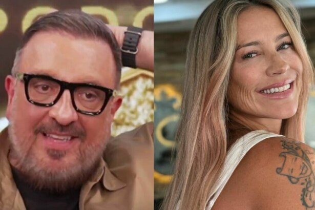 Montagem em close-up de Rodrigo Carelli, com óculos e barba, e Luana Piovani sorrindo, mostrando seu cabelo loiro e tatuagem no ombro.