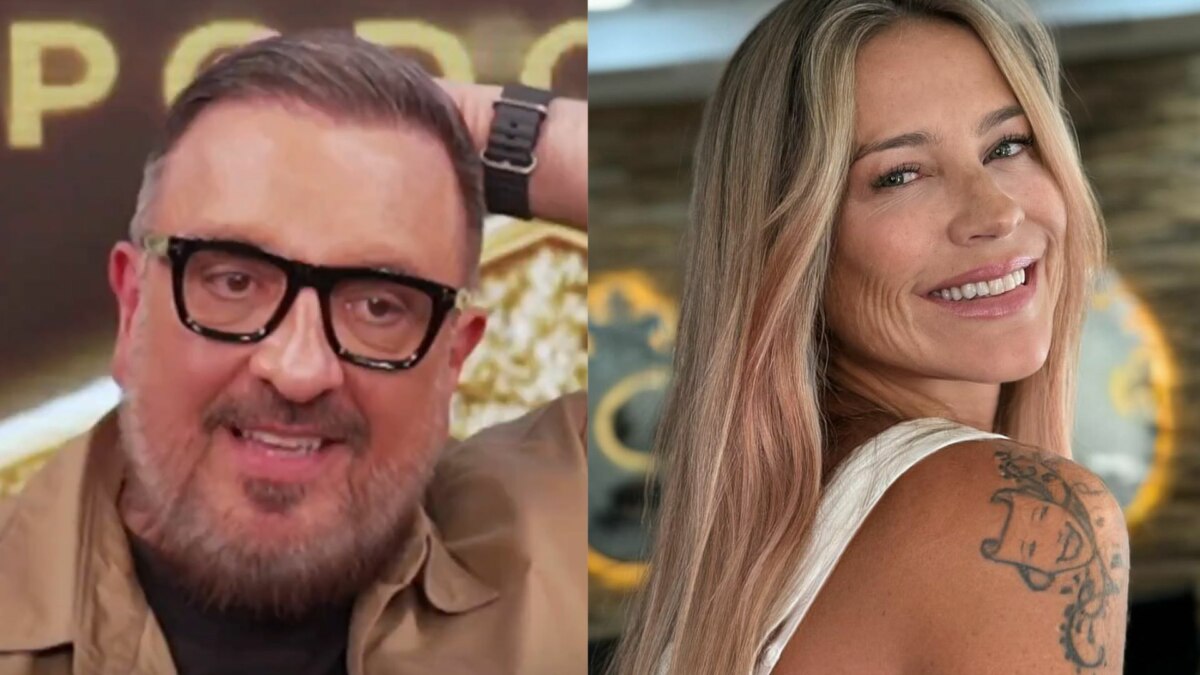 Montagem em close-up de Rodrigo Carelli, com óculos e barba, e Luana Piovani sorrindo, mostrando seu cabelo loiro e tatuagem no ombro.
