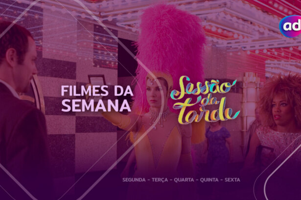 Banner colorido da Sessão da Tarde, TV Globo, divulgando o filme Miss Simpatia 2 na programação de filmes da semana de 18 a 22 de agosto, com fundo festivo, luzes vibrantes e personagem em fantasia com grande adereço rosa, exibido de segunda a sexta às 15h30