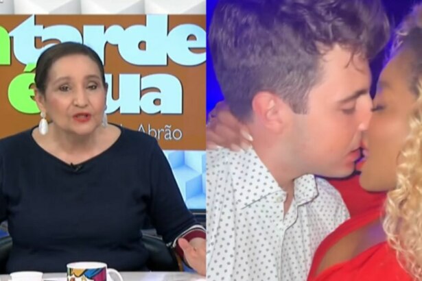 A imagem é uma montagem de duas fotos. Na foto da esquerda, a apresentadora Sônia Abrão está sentada em um estúdio de TV, com uma expressão séria enquanto fala. Ela usa uma blusa azul-marinho com detalhes vermelhos e grandes brincos brancos. Ao fundo, um painel com a inscrição "A TARDE É SUA". Na foto da direita, a mesma imagem da montagem anterior, em que o apresentador João Augusto Liberato e a apresentadora Cariúcha estão se beijando.