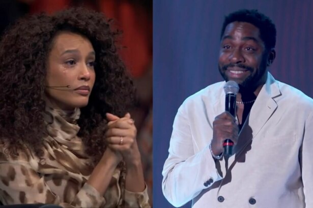 Montagem de duas imagens: à esquerda, Taís Araújo, com cabelos cacheados e um vestido estampado, aparece com lágrimas nos olhos e as mãos juntas, em uma expressão de emoção. À direita, Lázaro Ramos, de blazer claro e camiseta branca, sorri e segura um microfone, em um palco iluminado no Domingão